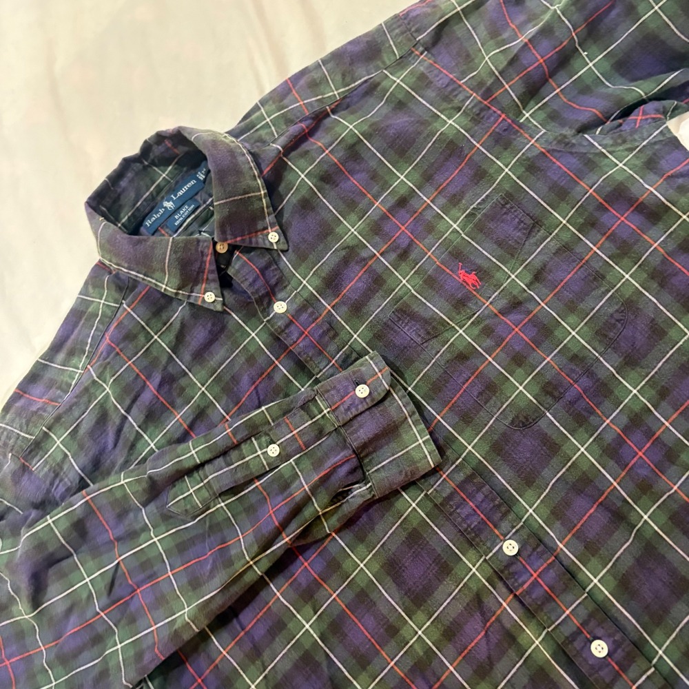 Ralph Lauren Blake Mens Medium Plaid Button Down Shirt Green Navy Cotton L/S